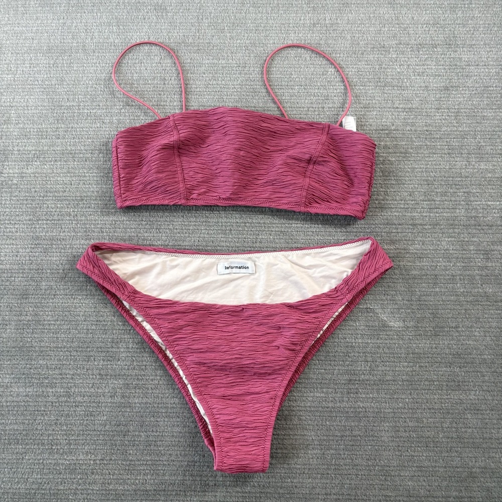 Reformation Shore Bikini Swim Suit Women M Lace Up Vacation Resort Pink Crinkle